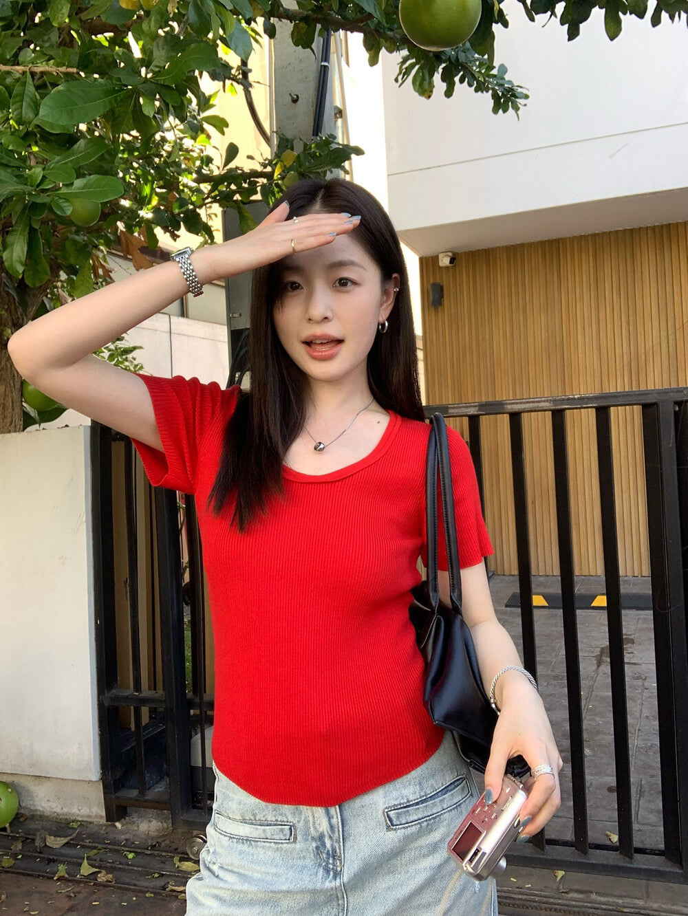 🪃 U領大彈性顯瘦短袖針織上衣