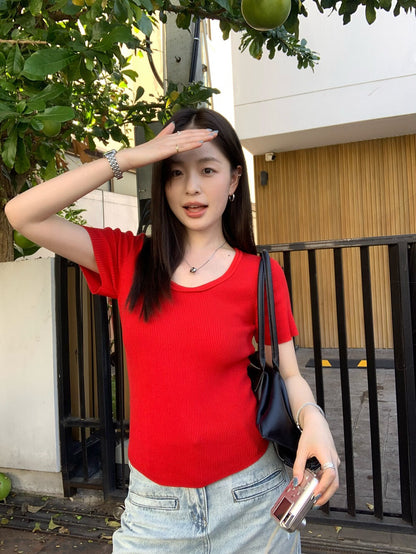 🪃 U領大彈性顯瘦短袖針織上衣
