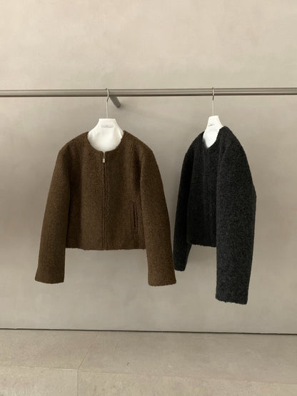 // 圓領圈圈絨簡約拉鏈外套