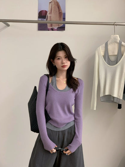 // 小性感大U領假兩件掛頸針織