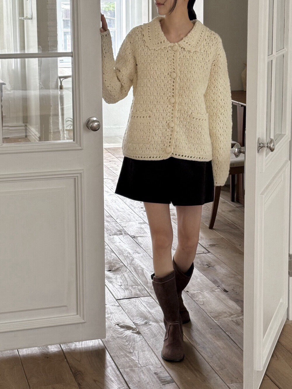 // 重工手工鈎花包扣口袋翻領CD