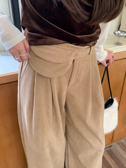 // 壓褶寬鬆燈芯絨褲(連腰包腰帶)