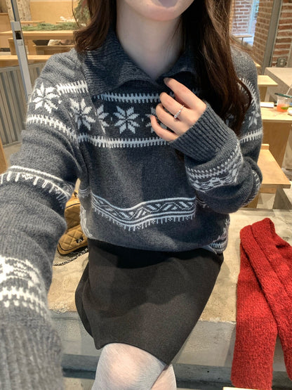 // 10%raccoon雪花花紋翻領毛衣