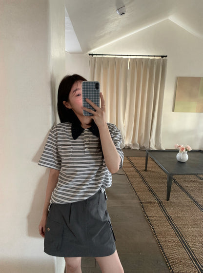 // 拼接針織翻領鈕扣混點間條上衣