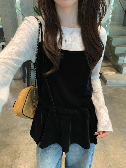 // 精緻刺繡上衣+後綁帶絲絨吊帶套裝
