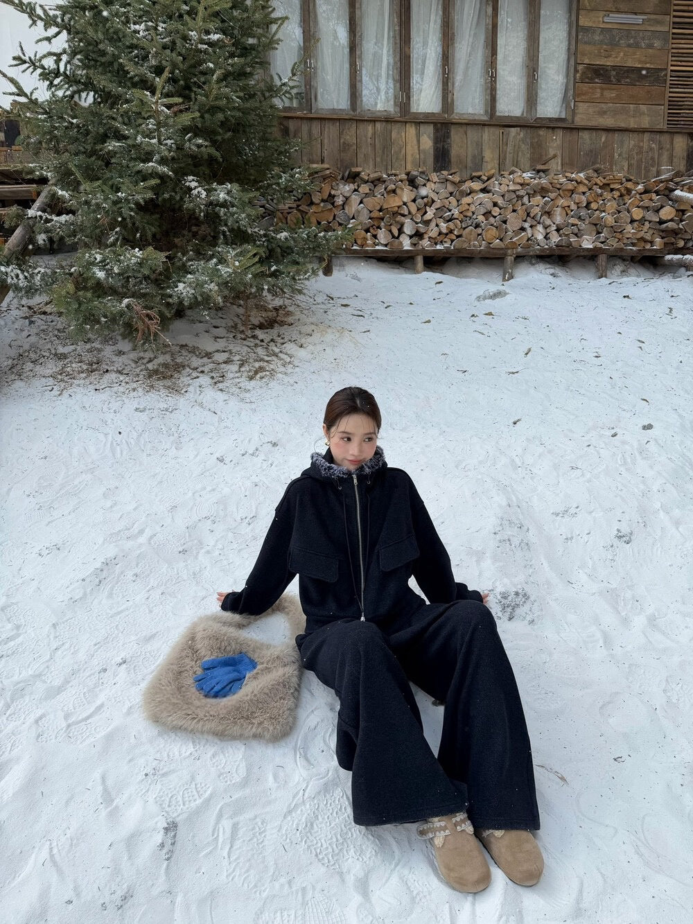 // 連毛毛帽加絨拉鍊外套+橡筋褲套裝