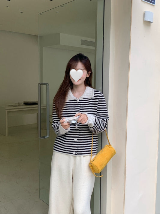 // 麻花領+袖拼色間條軟糯CD