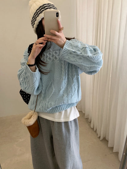 // 超美麻花織紋圓領套頭毛衣