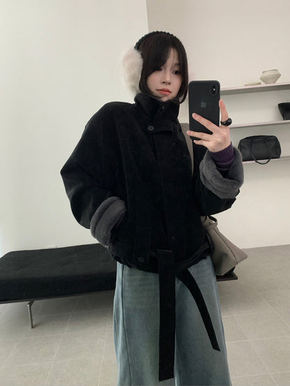 // 版型超好的拼毛毛底蛋白皮外套￼