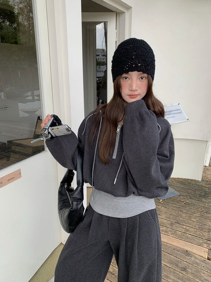 // 假兩件連帽拉鍊上衣+全長褲兩件套