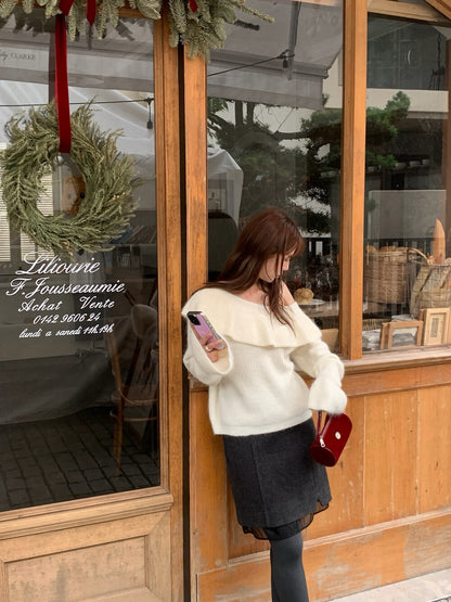 // 小開叉拼lace腳毛呢短裙