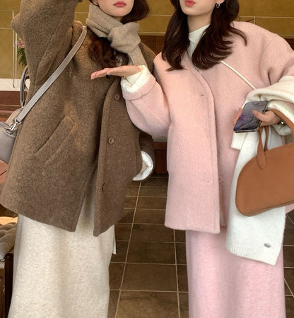 // 寬鬆版型夾棉V領毛呢外套