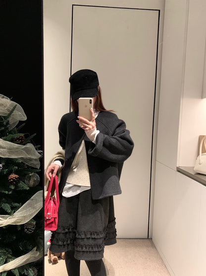 // 100%羊毛馬卡龍色系圓領短款手工外套(連三角巾)