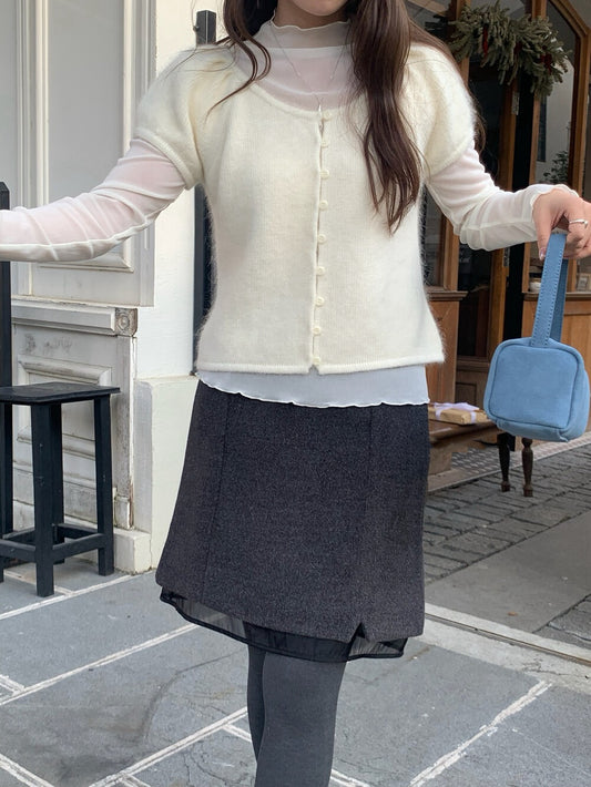 // 小開叉拼lace腳毛呢短裙