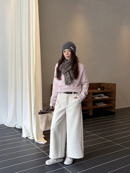 // 小口袋裝飾加絨直腳混羊毛呢褲(連腰帶)