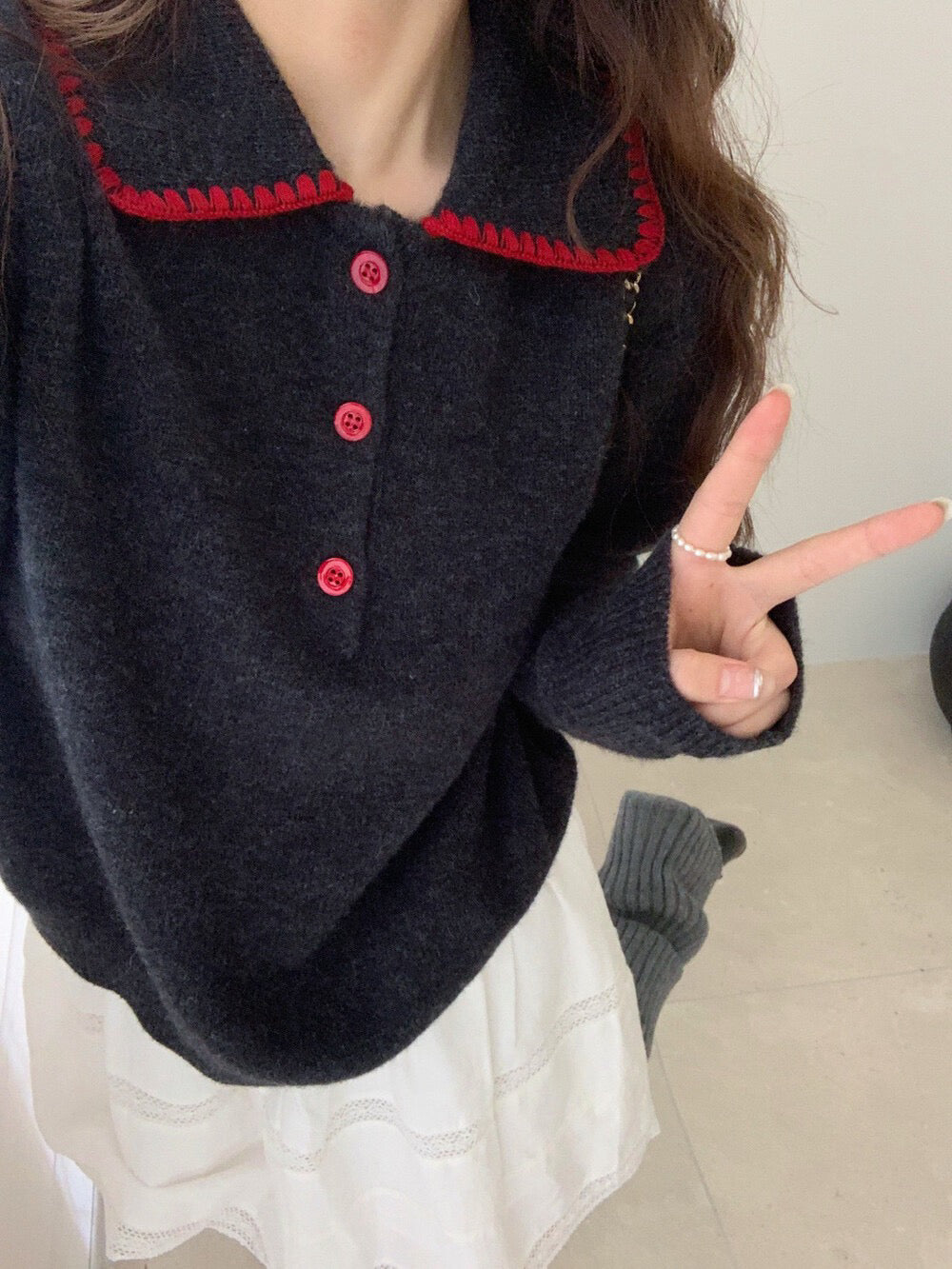 // 100%羊毛撞色包邊縫線鈕扣翻領NT