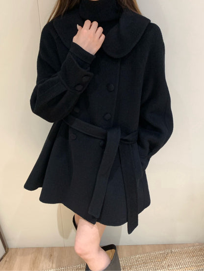 // 超柔軟100%羊毛娃娃領雙排扣手工外套