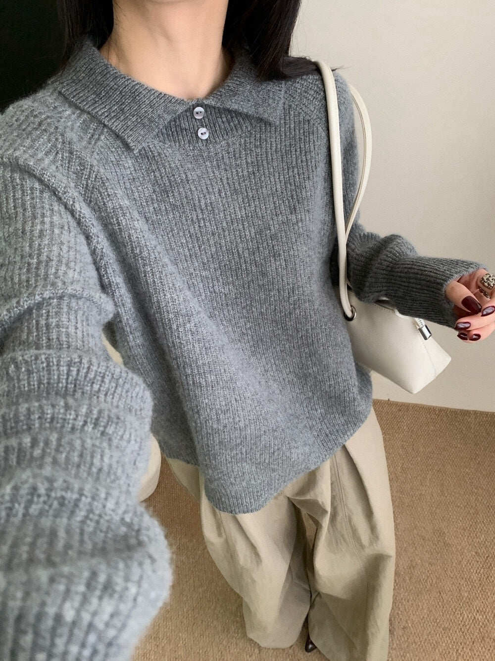 // 50%綿羊毛鈕扣翻領直紋NT