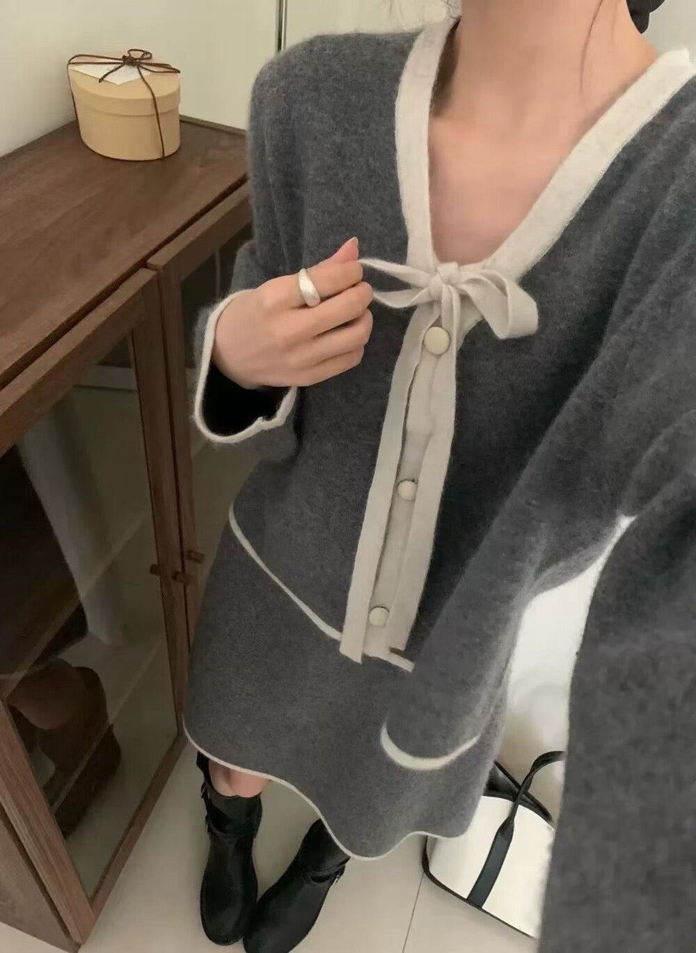 // 超軟糯撞色邊綁結開胸CD+短裙套裝(可分開單買)