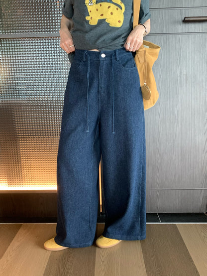 // 超直褲型抽繩綁帶腰軟牛仔褲