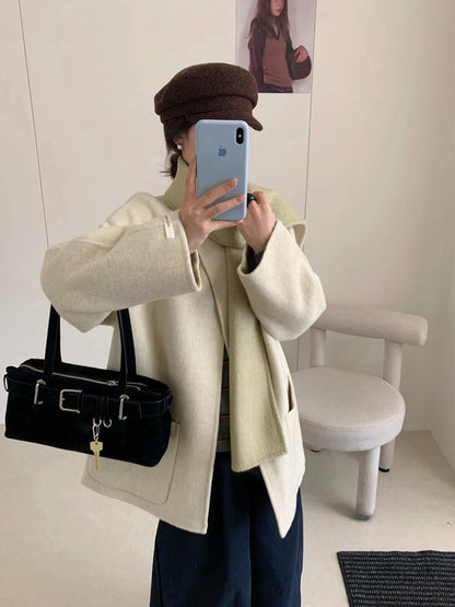 // 超氣質內撞色簡潔圓領100%手工雙面羊毛外套(連頸巾)