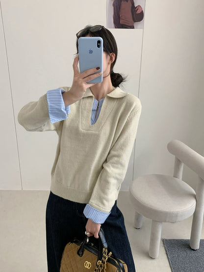 // 設計感拼接恤衫針織上衣