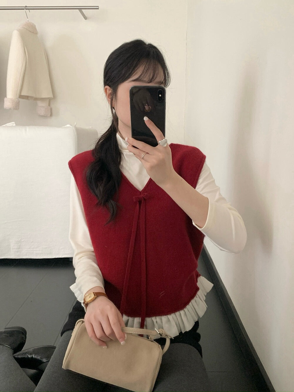 // 蝴蝶結設計拼接花邊針織背心+混羊毛打底套裝