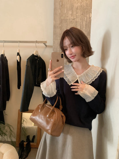 // 拼接花邊lace領+袖混羊毛NT