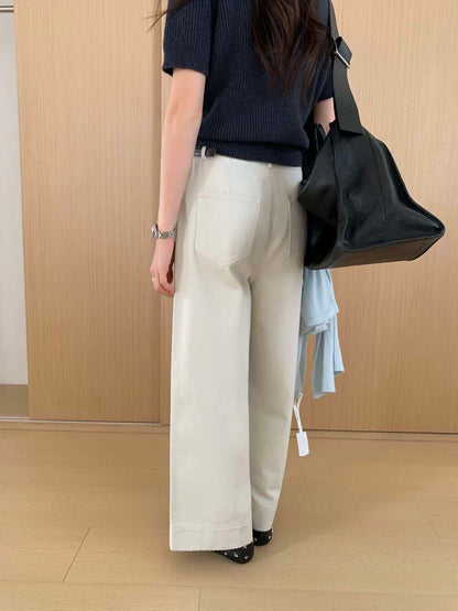 // 褲型超好簡約花邊直腳九分褲