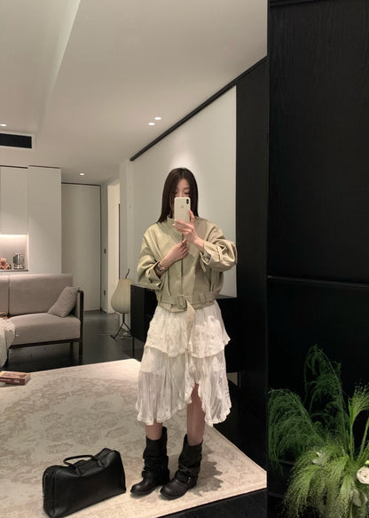 🫘 質感滿分衣擺腰帶立領彷皮外套
