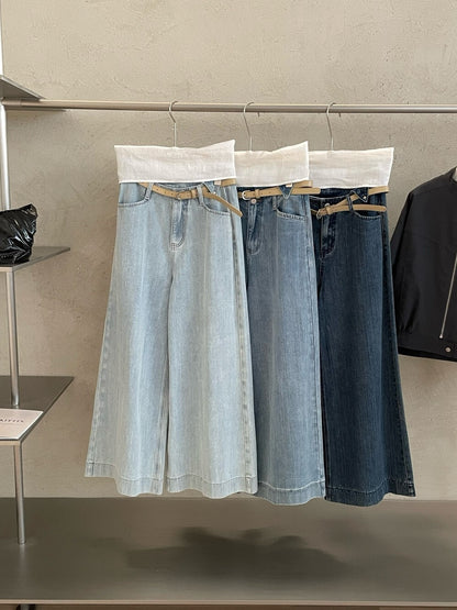 // 超舒服竹節棉軟身牛仔闊褲(連腰帶)