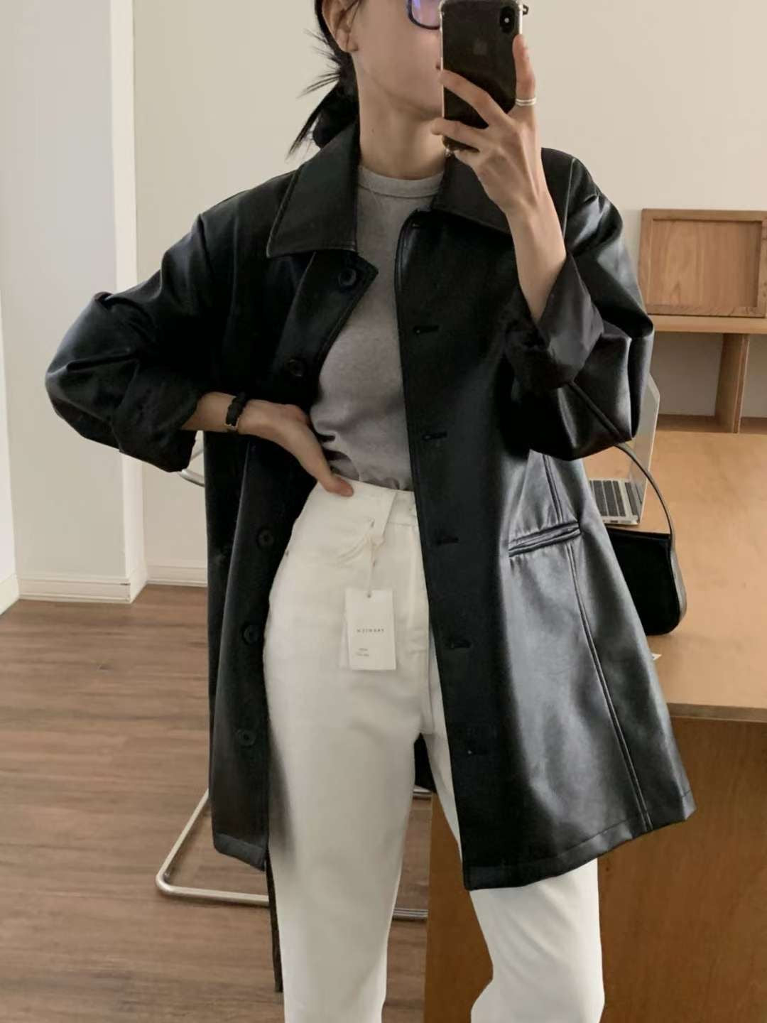 // 連腰帶中長款翻領啞光彷皮外套