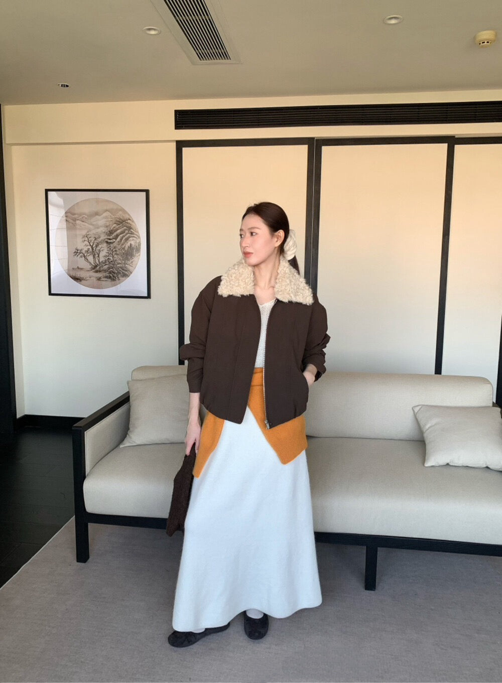 // 拼接卷毛領設計感短外套