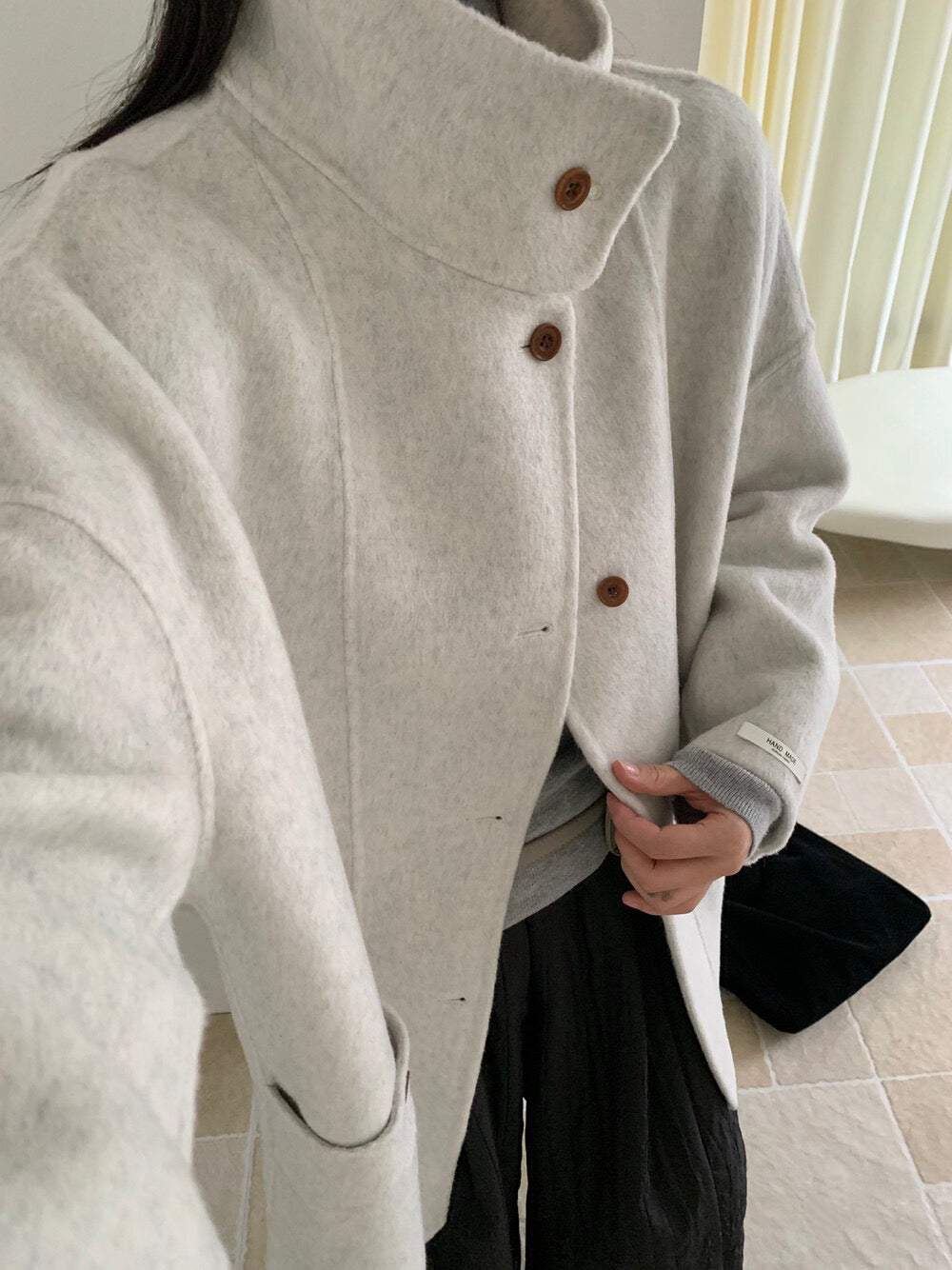 // 立領簡約風100%羊毛手工雙面中長外套