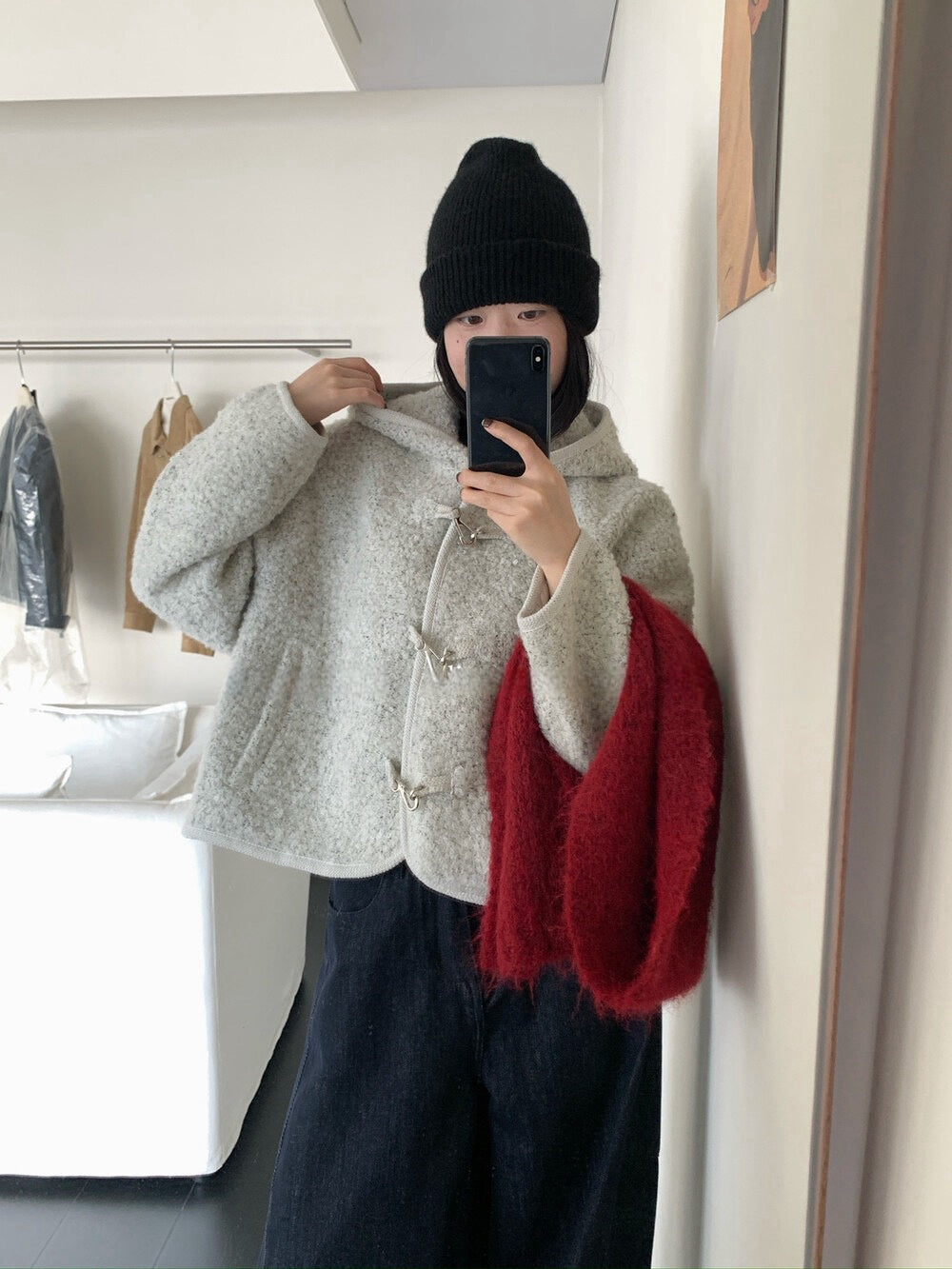 // 10%羊羔毛圈圈絨銀扣連帽外套