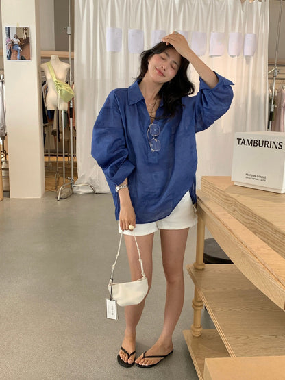 // 100%麻半鈕扣翻領透氣BL