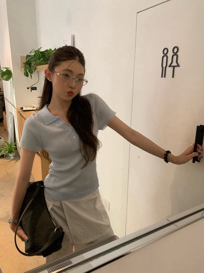// 拼接lace邊小V翻領直紋NT