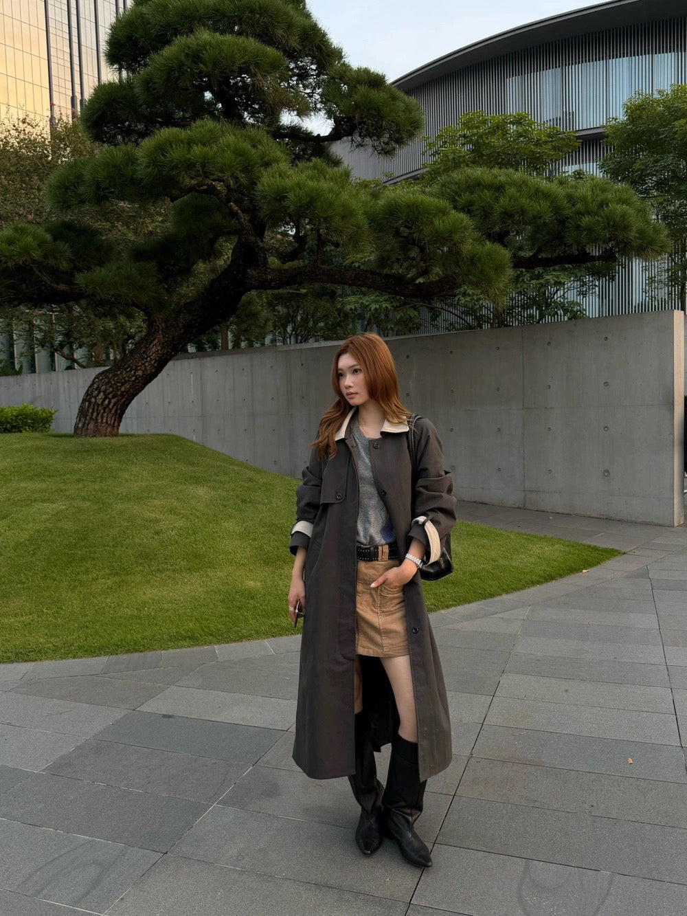J26 / 撞色翻領復古長款trench coat