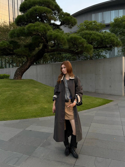 J26 / 撞色翻領復古長款trench coat