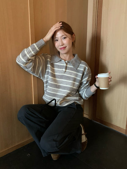 // 復古拼間翻領針織上衣
