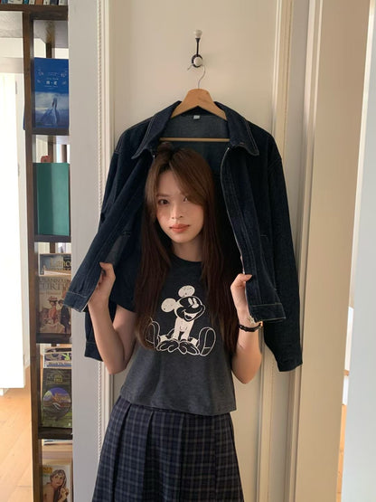 (現貨) // 簡約cutting翻領拉鍊牛仔外套