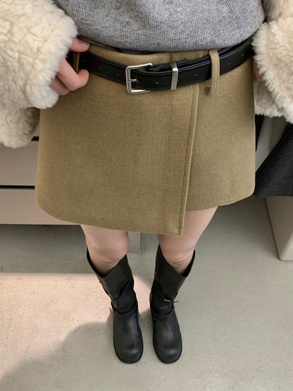 // 10%wool超拉長比例的連腰帶雙層毛呢短裙(內連內裡打底褲)