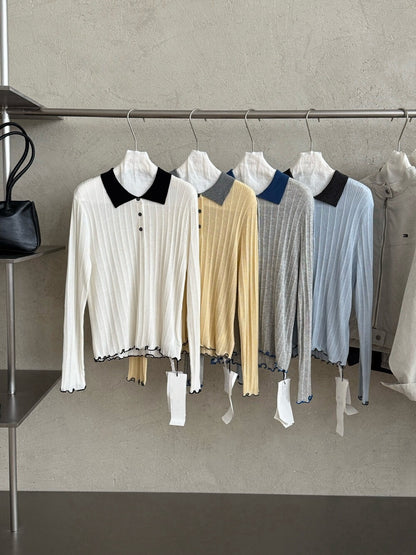 // 拼色領卷卷邊直紋鈕扣lyocell針織上衣