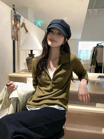 B221 / 内拼lace邊小V翻領卷邊軟糯上衣
