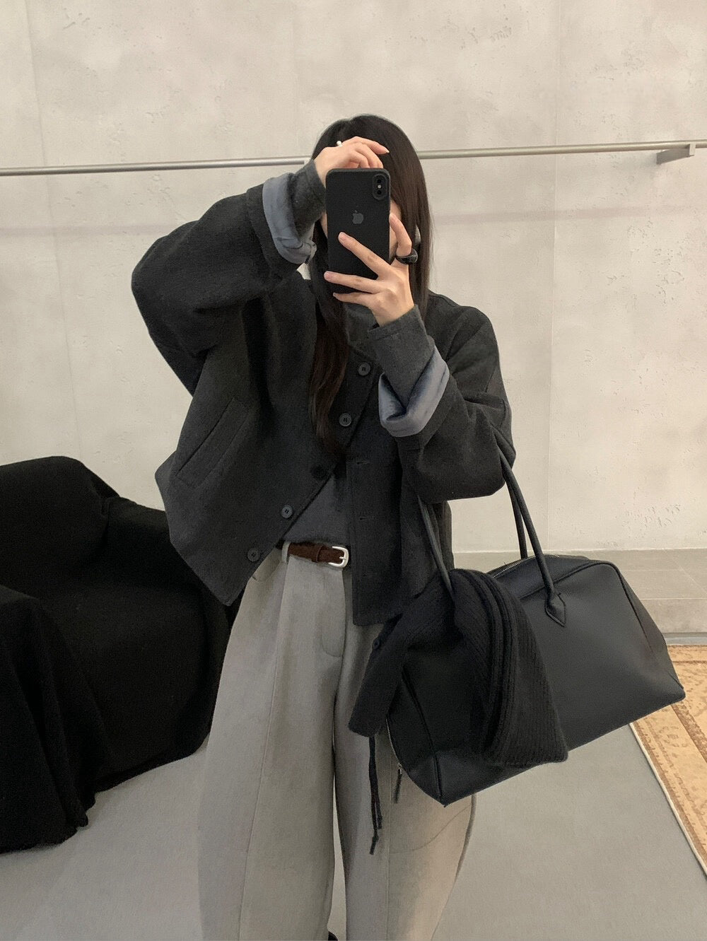 // 可拆針織帽短款圓領毛呢外套