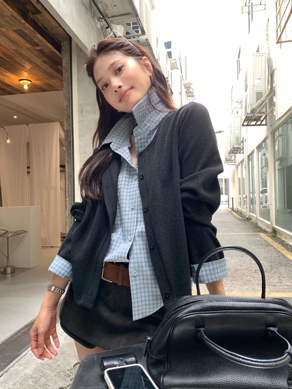 B227 / 假兩件拼接格紋恤衫外套