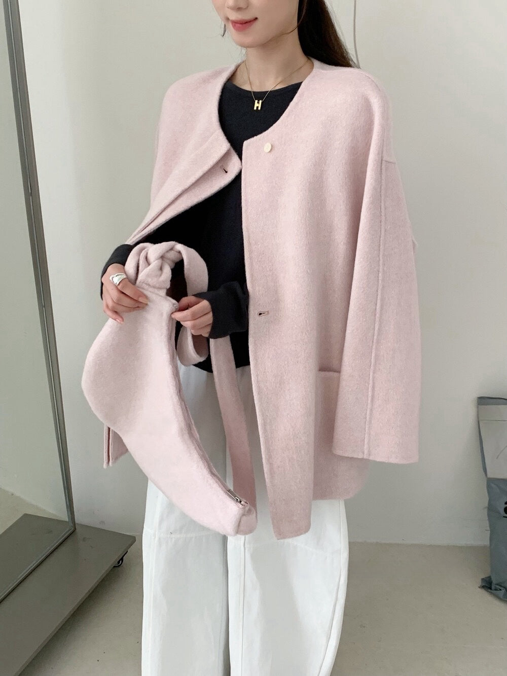 // 100%wool圓領大袋雙面毛呢外套(連袋仔)