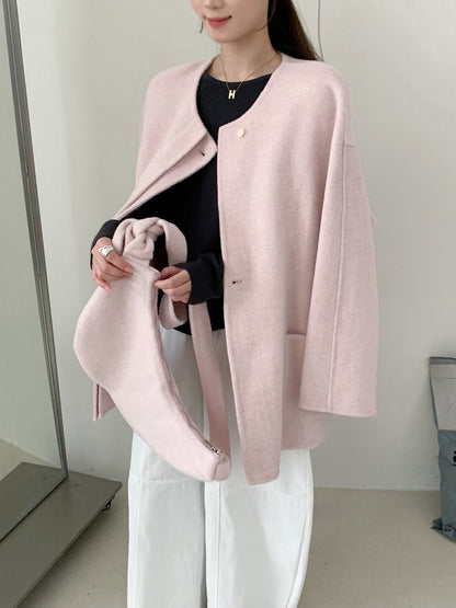 // 100%wool圓領大袋雙面毛呢外套(連袋仔)