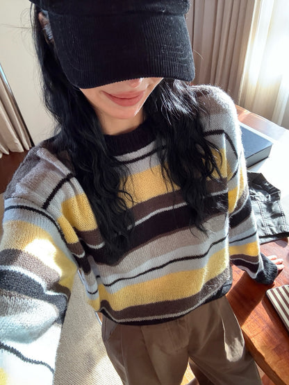 // 復古感撞色間條圓領10%羊毛NT