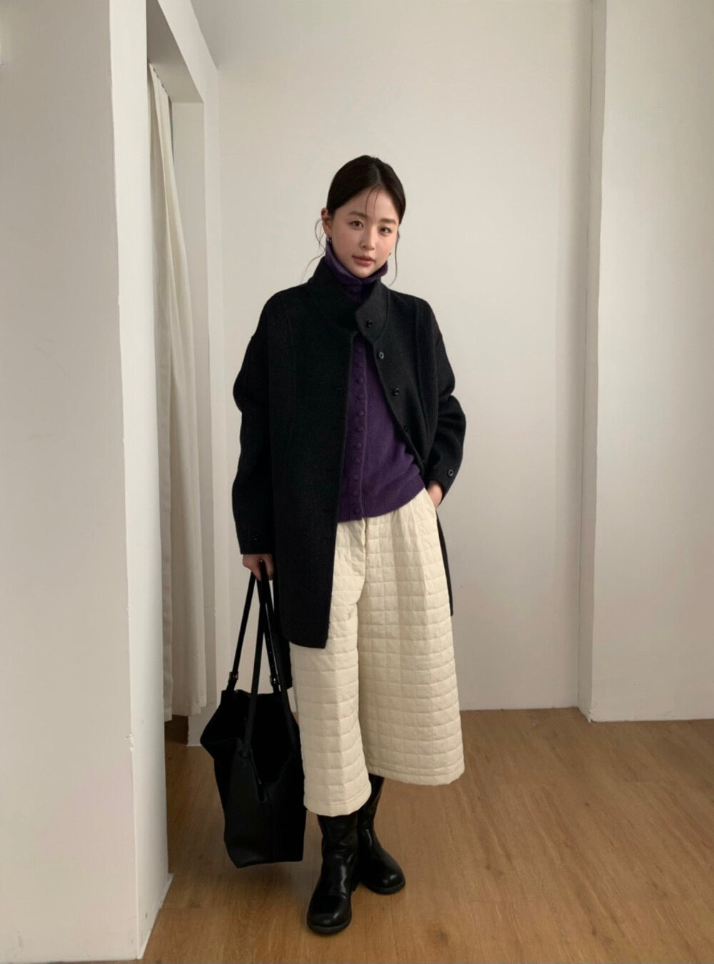 // 100%羊毛小立領排扣連腰帶雙面手工外套